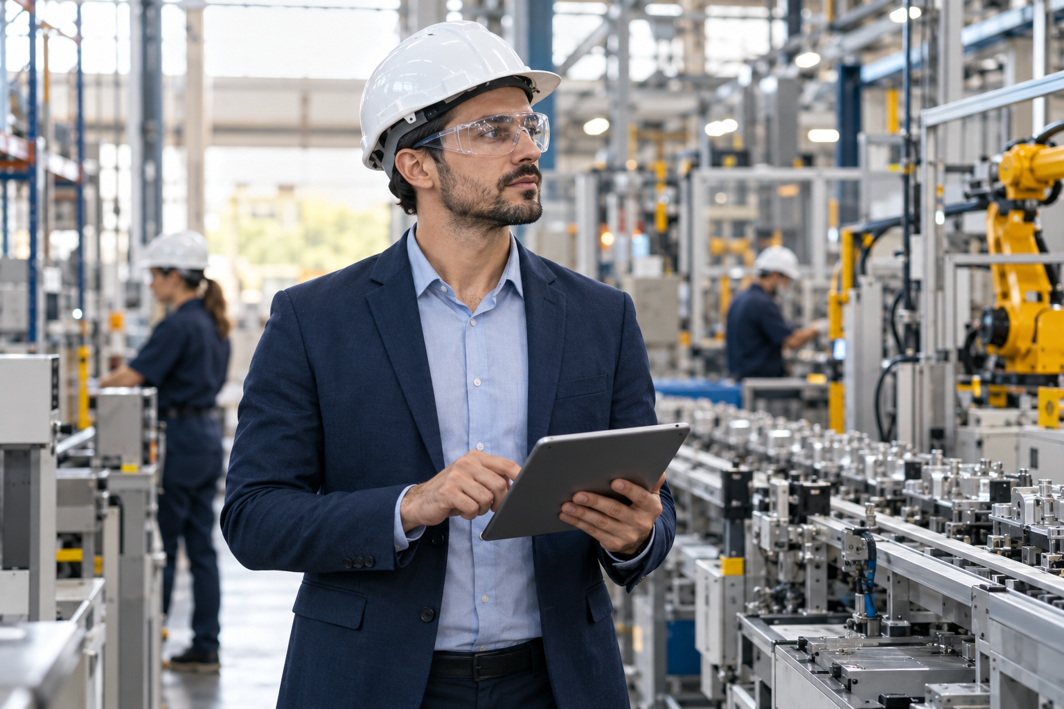 Administrador industrial supervisando una línea de producción