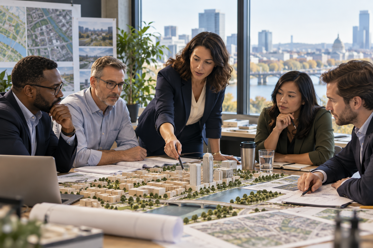 Equipo de administración pública revisando un proyecto de desarrollo urbano