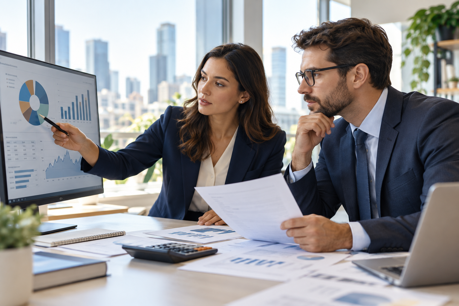 Analistas revisando reportes y gráficas de estrategia financiera