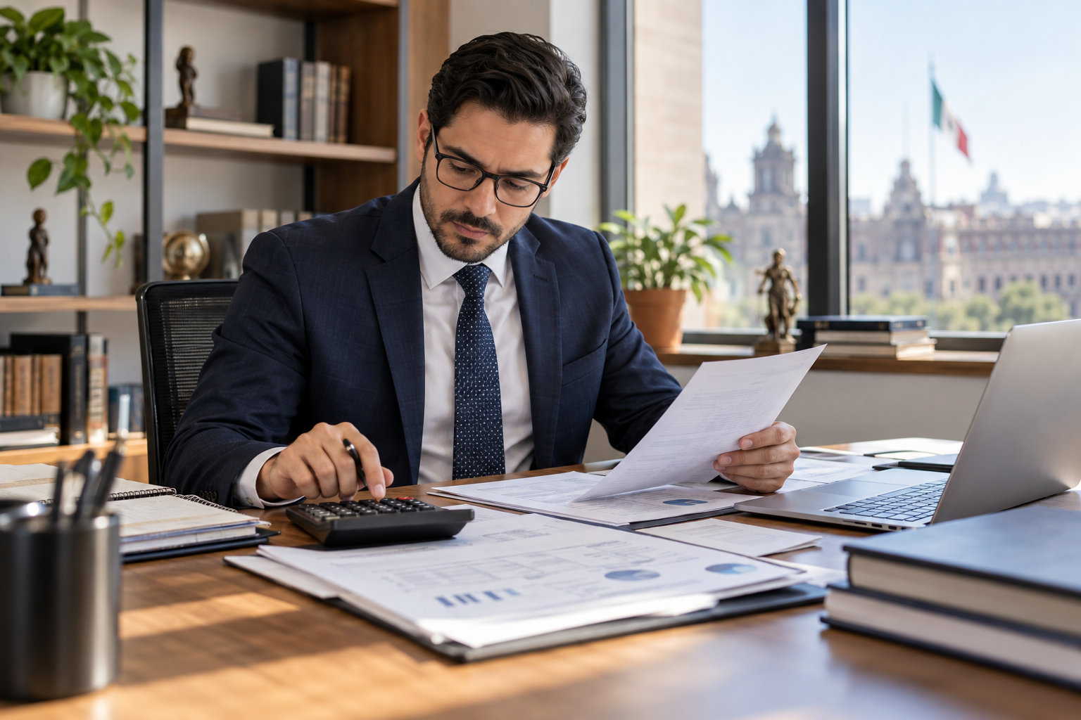 Asesor revisando documentos fiscales y calculando impuestos