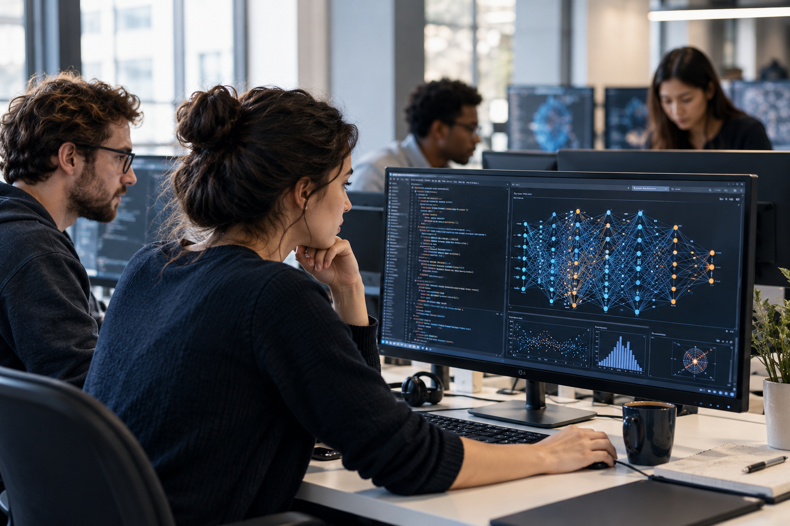 Equipo de ingeniería trabajando con código y una visualización de redes neuronales
