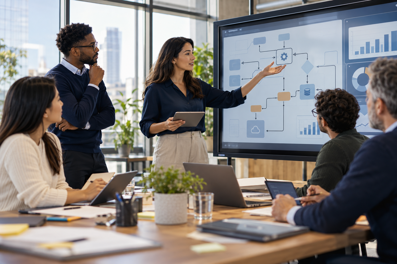 Equipo de innovación empresarial analizando la automatización de procesos